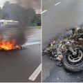 Moto fica completamente destruída após pegar fogo na BR-376, em Ponta Grossa — Foto: PRF